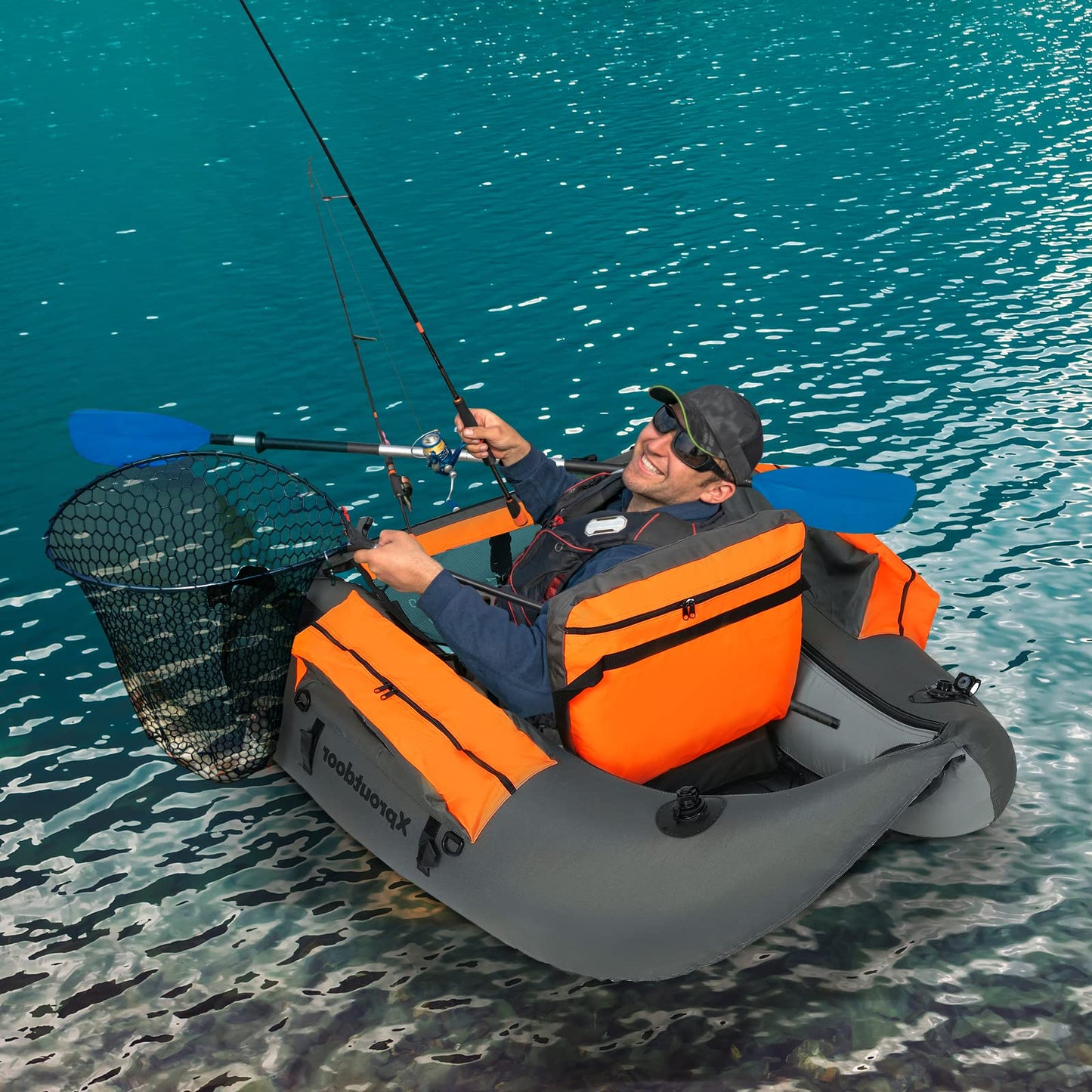 Xproutdoor Fishing Float Tube with Adjustable Backpack Straps, Storage Pockets, Fish Ruler, Fly Fishing Boat with Pump, Oar, Rod Holder and Mount, Fins, 350LBS Load Bearing Capacity, FT003,Grey