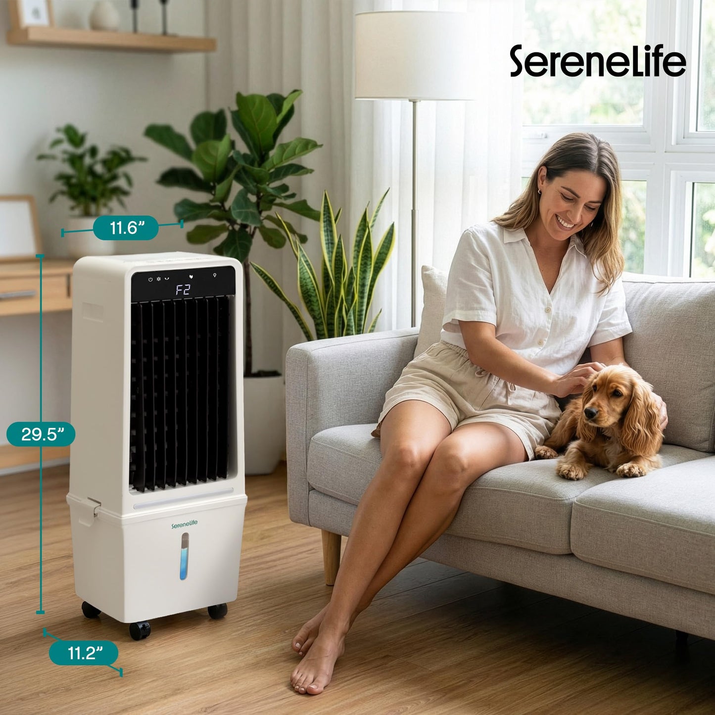 SereneLife Evaporative Air Cooler with 15 L Detachable Water Tank, Air Cooler with 1500 CFM Cooling Power, Indoor Outdoor Oscillating System with Wheels, Remote & Ice Packs, (Black & White)