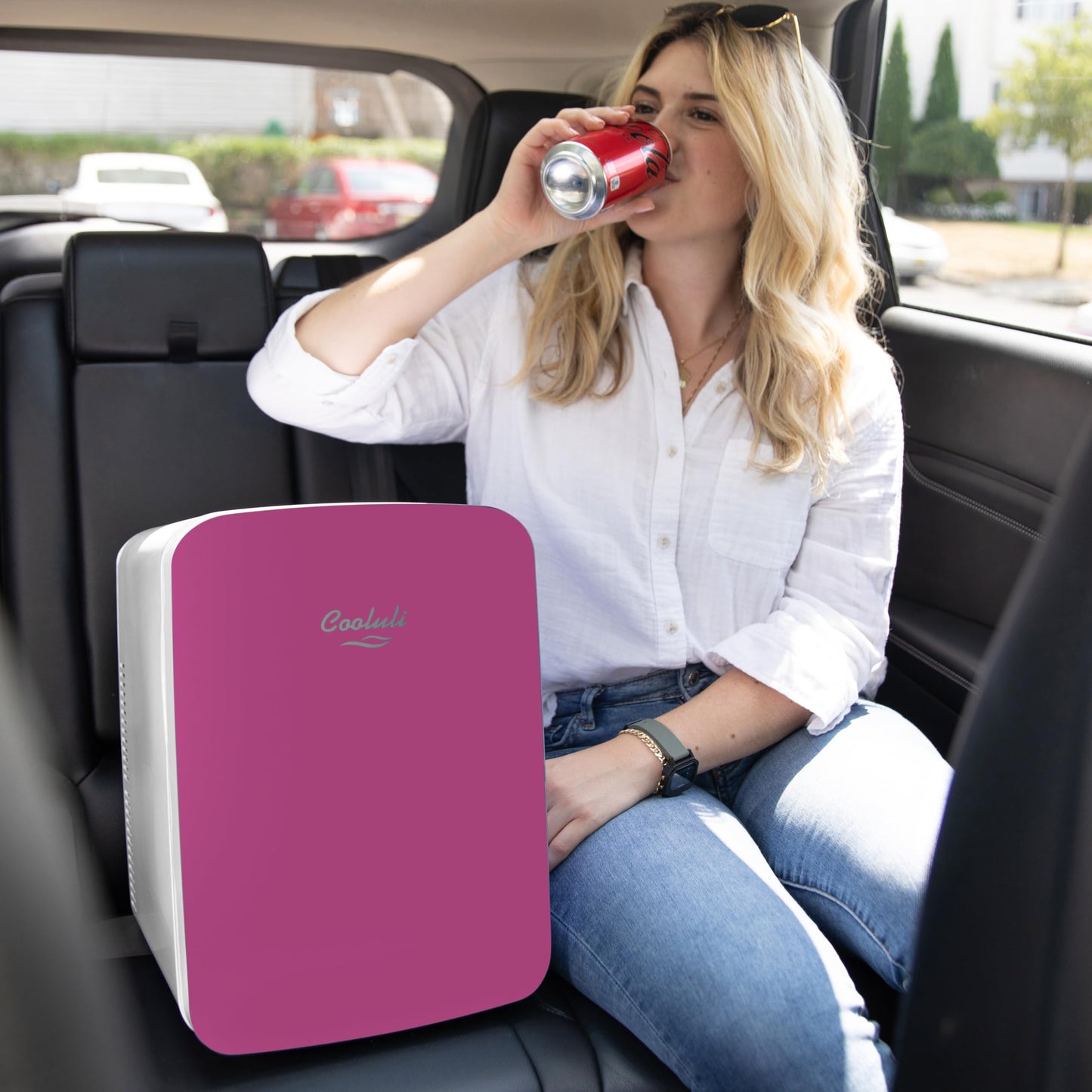 Cooluli 15L Mini Fridge for Bedroom - Car, Office Desk & College Dorm Room - 12v Portable Cooler & Warmer for Food, Drinks, Skincare, Beauty & Makeup - AC/DC Small Refrigerator with Glass Front, Pink