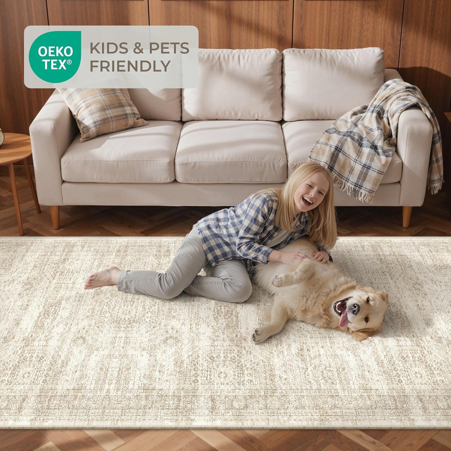 Skiennix 2x3 Washable Rug Runner - Soft Vintage Abstract Design | Anti-Slip Indoor Mat in Beige/Ivory