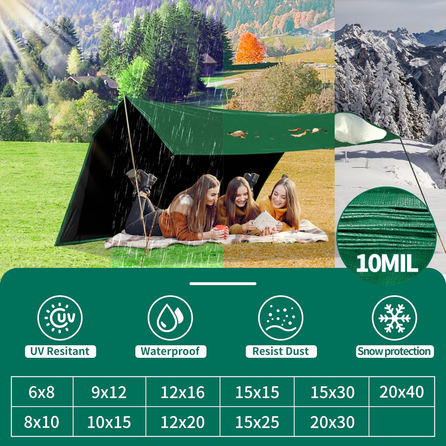 Tarp 30x50 ft Heavy Duty 100% Waterproof 10mil,UV Resistant,Durable Grommets and Reinforced Edges Green/Black Tarp for Camping, Swimming Pools,Car Coverage -by MVPNET