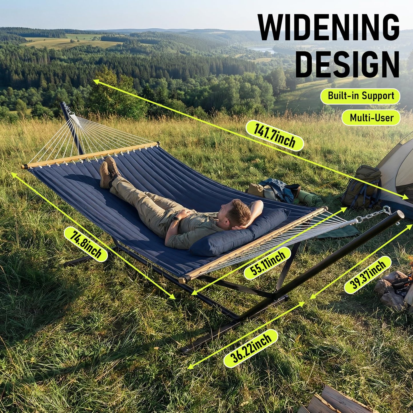 FULIYE Double Hammock with Stand for Outdoor,2 Person Heavy Duty Portable Hammock with Adjustable Steel Stand and Balance Ropes Included – for Patio, Backyard, Garden, Beach (Purplish Blue)