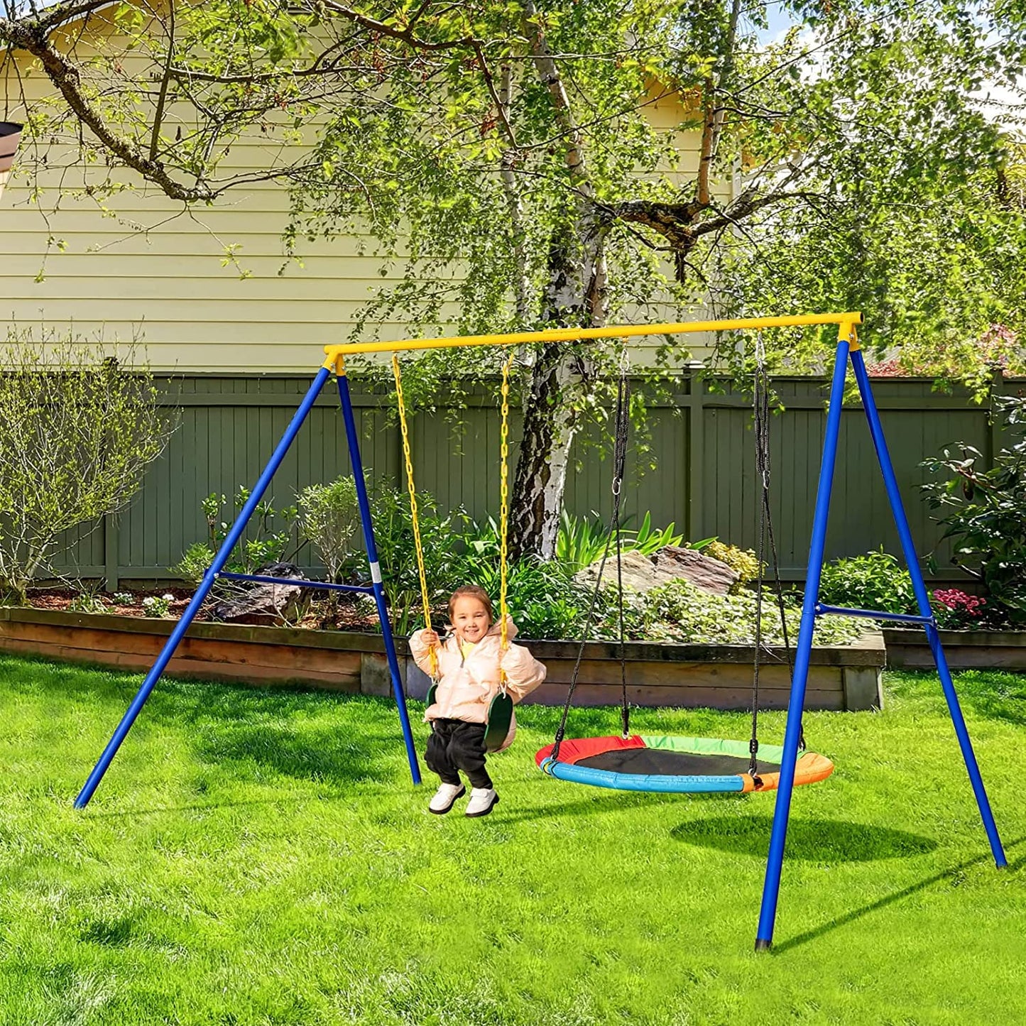 HONEY JOY 660lbs 2 Seat Metal Swing Frame Set with Saucer Swing & Belt Swing, Heavy Duty A-Frame Kids Swing Stand w/Ground Stakes and Adjustable Ropes, Outdoor Swing Sets for Backyard