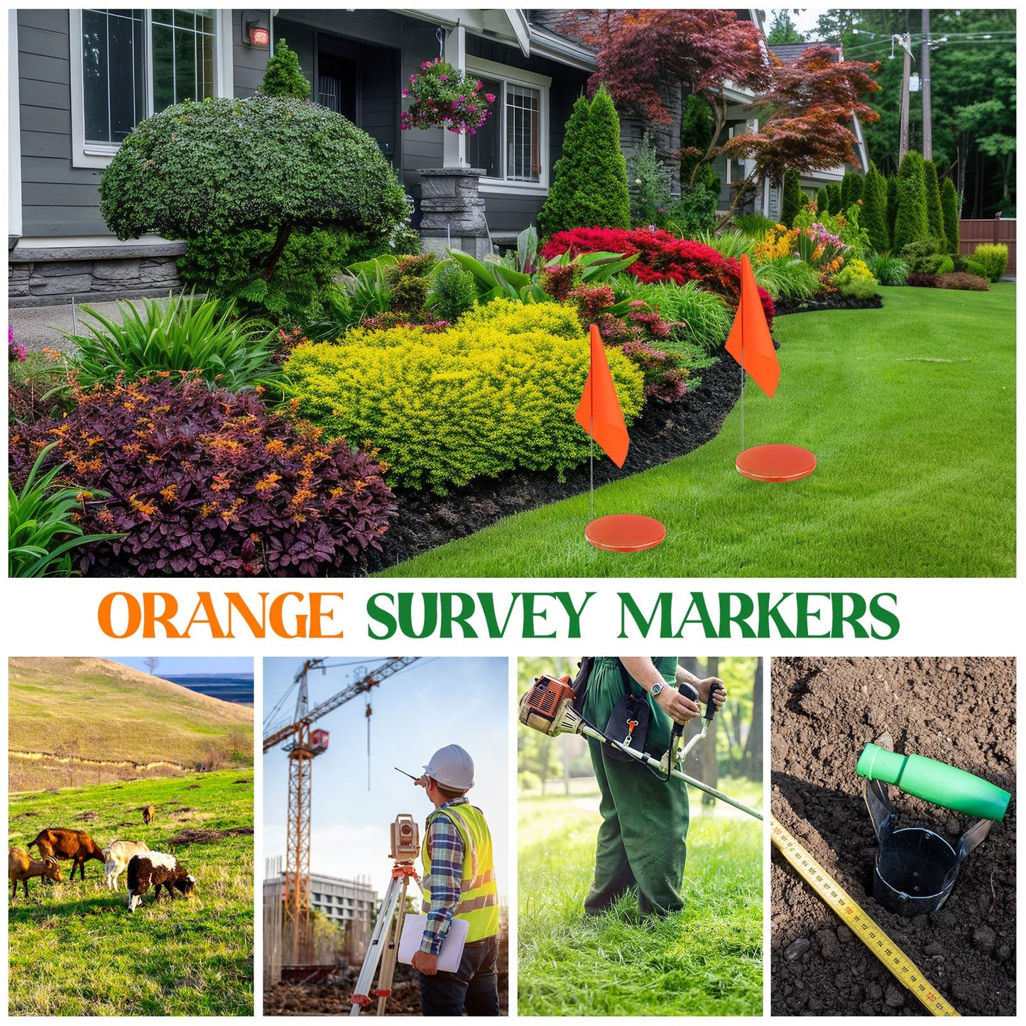 Otoolling 12 Pack 12 Inch Galvanized Property Line Stakes with Marking Flags Writable Heavy Duty Rebar Hi Vis Orange Survey Markers Permanent for Yard Lawn, Irrigation Landscape Sprinkler Pet Training