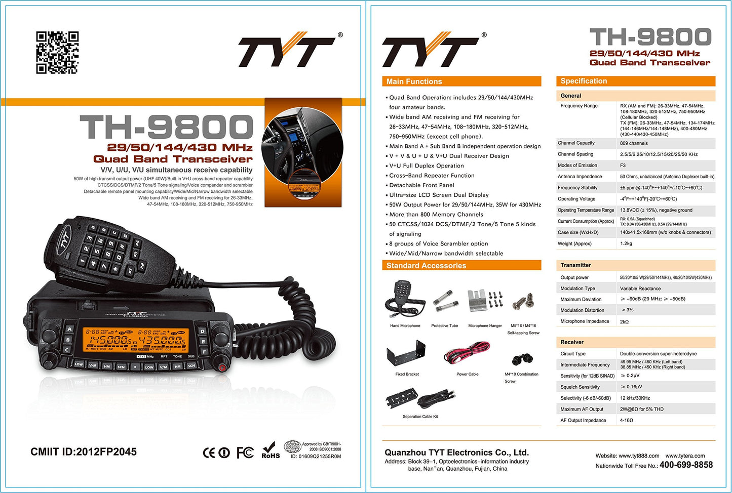 TYT TH-9800 Quad Band Mobile Transceiver 50W, 10M/6M/2M/70CM Amateur Mobile Car Ham Radio with V+U Cross-Band Repeater W/Cable