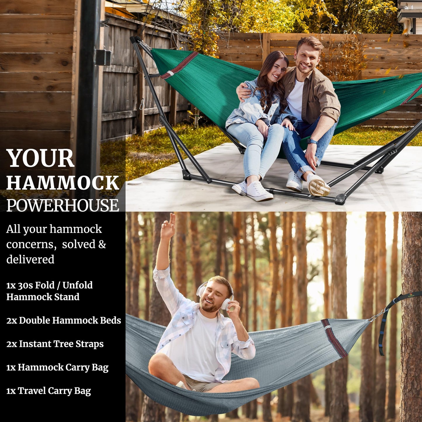 Tranquillo Combo x2 Hammocks with Stand for Outside & Tree Straps, Heavy Duty Hammock with Stand 600lbs for Indoor Outdoor Patio Backyard, x2 Hammocks for 2 Person (Combo - Peacock, Medium)