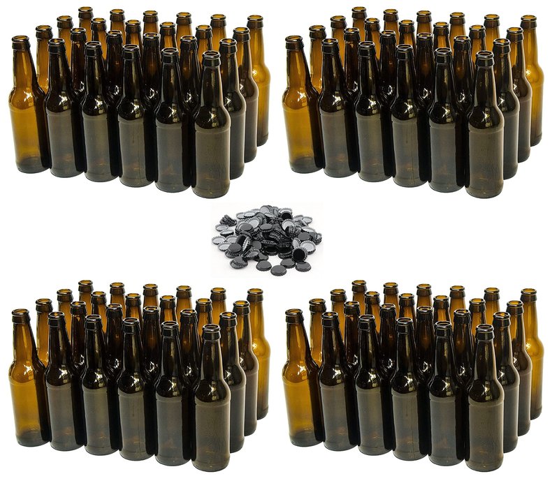 North Mountain Supply 12 Ounce Long-Neck Amber Beer Bottles - 96 Bottles (4 Cases of 24) - Includes 250 Crown Caps