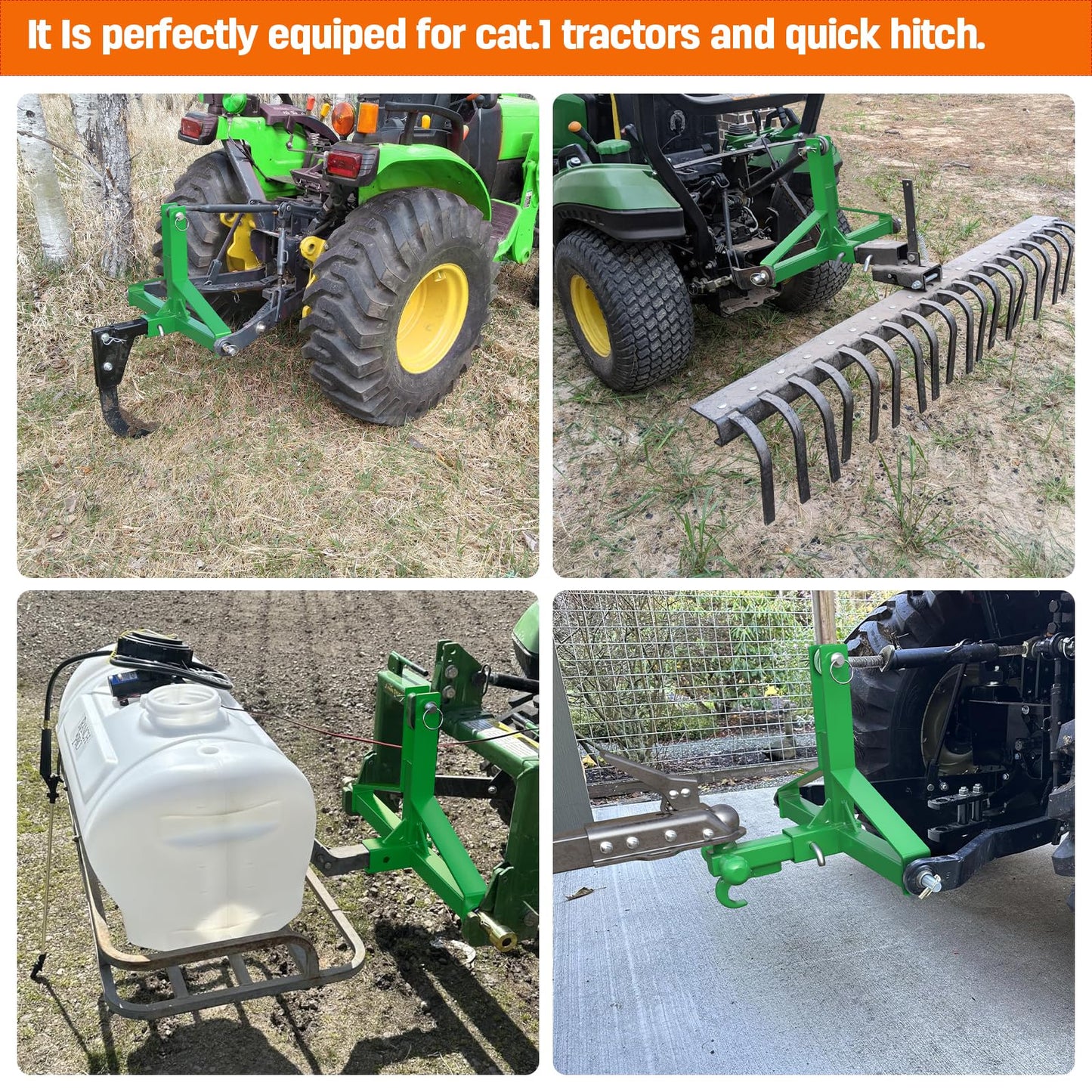 Green 3 Point Hitch Receiver Quick Hitch Compatible, 3 Point Trailer Hitch 2" Receiver for Category 1 Tractor, 3 Pt Trailer Towing Hitch Tractor Drawbar for Kubota, John Deere, BX, Kioti, Yanmar etc