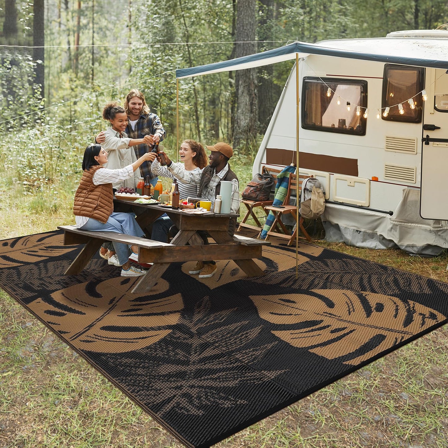 GarveeHome Outdoor Patio Rug 9x18 Waterproof Reversible Mat Leaves Camping Rugs Indoor Outdoor Rugs Carpet Large Area Rug Plastic Straw Rug for Patio Deck Balcony Pool RV Camping, Black and Brown