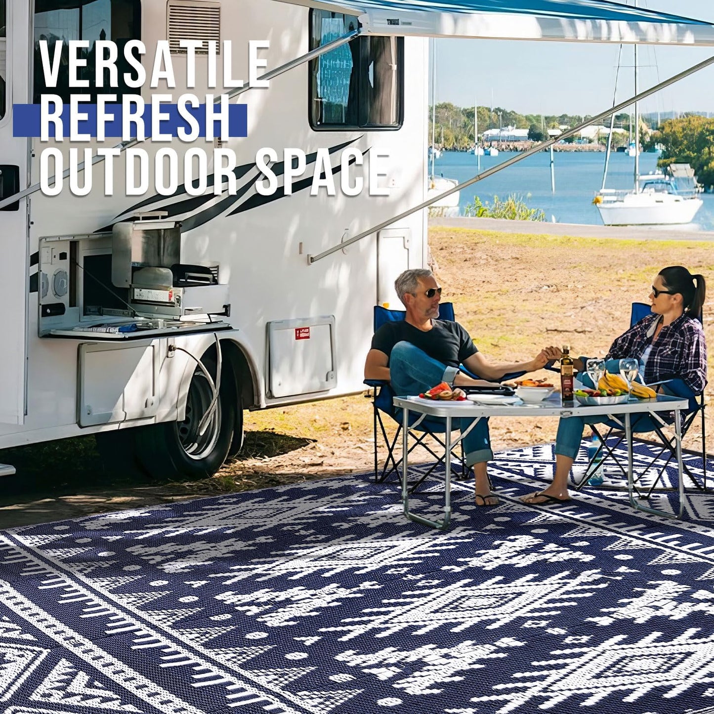 OLANLY Outdoor Rug Waterproof 9x18 ft, Reversible Outdoor Plastic Straw Rug, Boho Patio Rug, Indoor Outdoor Carpet, RV Mat Outside for Patio, Camp, Picnic, Balcony, Deck, Backyard, Navy & White
