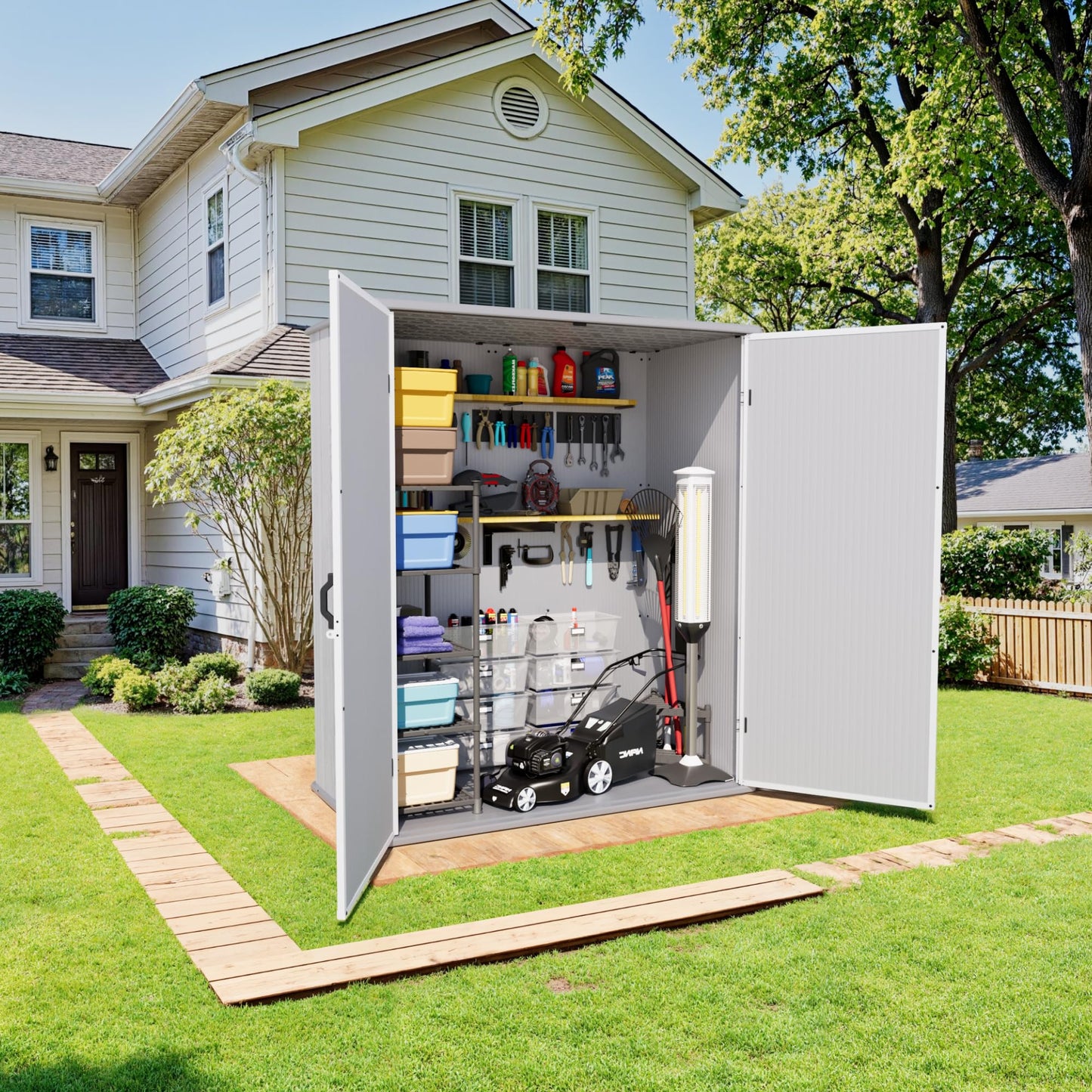Greesum 5X3FT Plastic Storage Shed with Floor, Resin Outdoor Storaged Shed with Lockable Door, Easy Assembly All-Weather Tool Sheds for Garden, Patio, Yard, Light Gray (4.7×2.5FT)