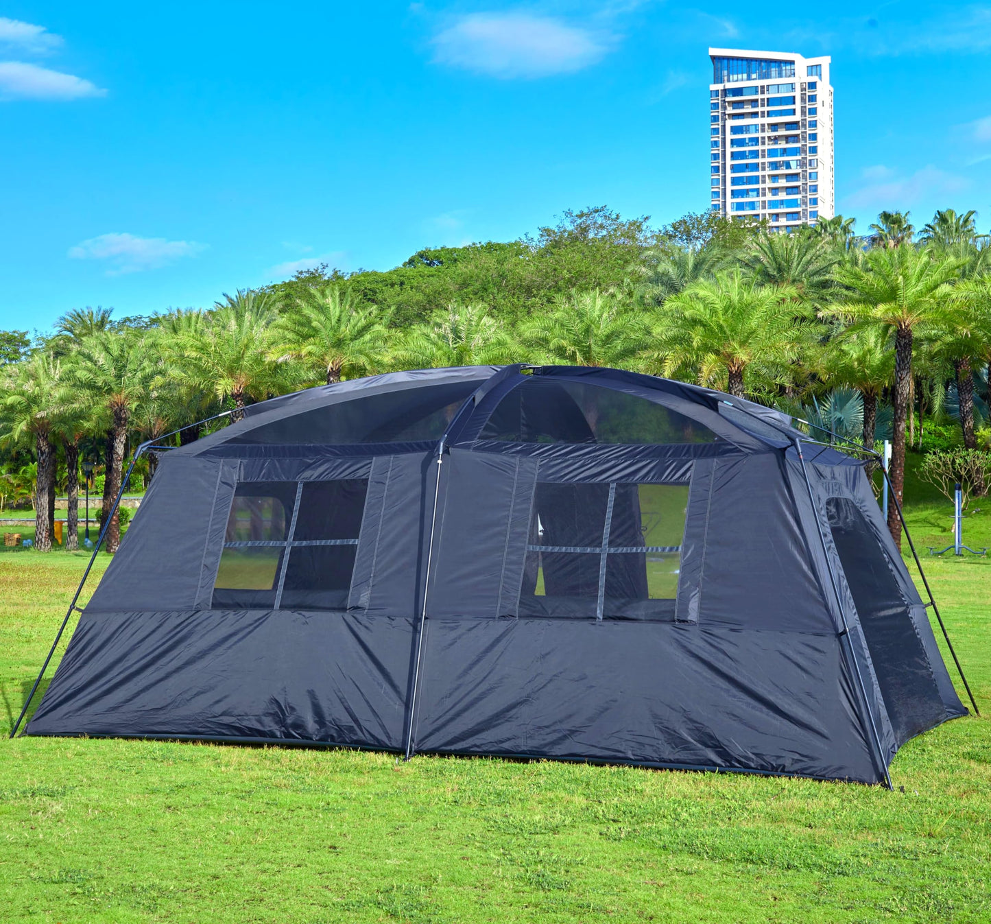 KTT Extra Large Tent 12-14 Person,Family Cabin Tents,2 Rooms,Straight Wall,2 Doors 4 Windows with Mesh,Waterproof,Straight Wall,Big Tent for Outdoor,Picnic,Camping,Gathering(Black)