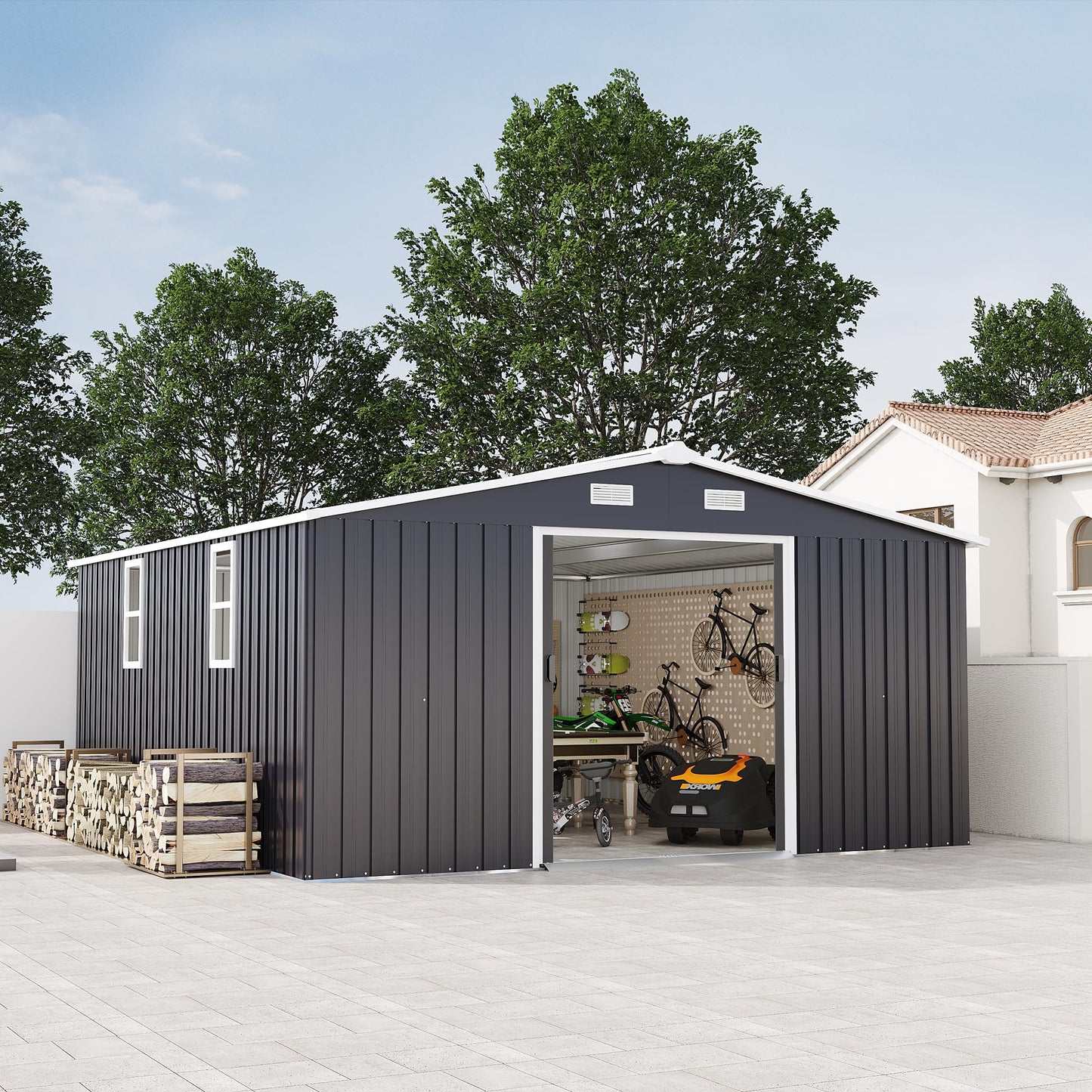 KEIKI 10' x 12' Metal Garden Storage Shed with Foundation Kit, Double Door Outdoor Tool Shed with 2 Windows, Color Steel Construction, Dark Gray