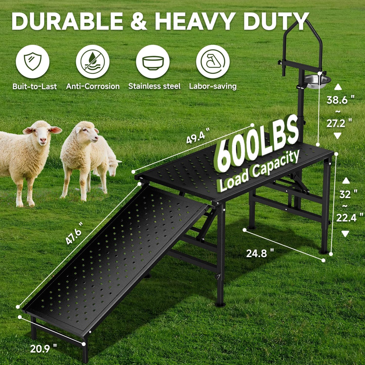 Professional Goat Milking Stand with Ramp, 600LBS Heavy Duty Foldable Livestock Trimming Platform, Metal Grooming Stand with Adjustable Headpiece & Stainless Steel Feeder for Nubian & Dwarf Goats