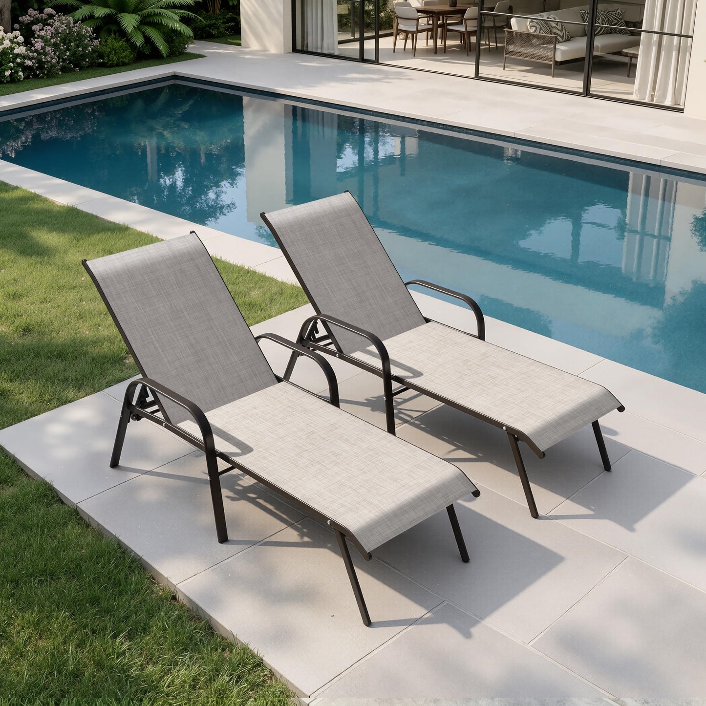 Crestlive Outdoor Chaise Lounge Chair,5-Position Pool Lounge Chairs with Armrests Sunbathing Recliner for Patio,Beach,Deck,Yard (2PC Beige)