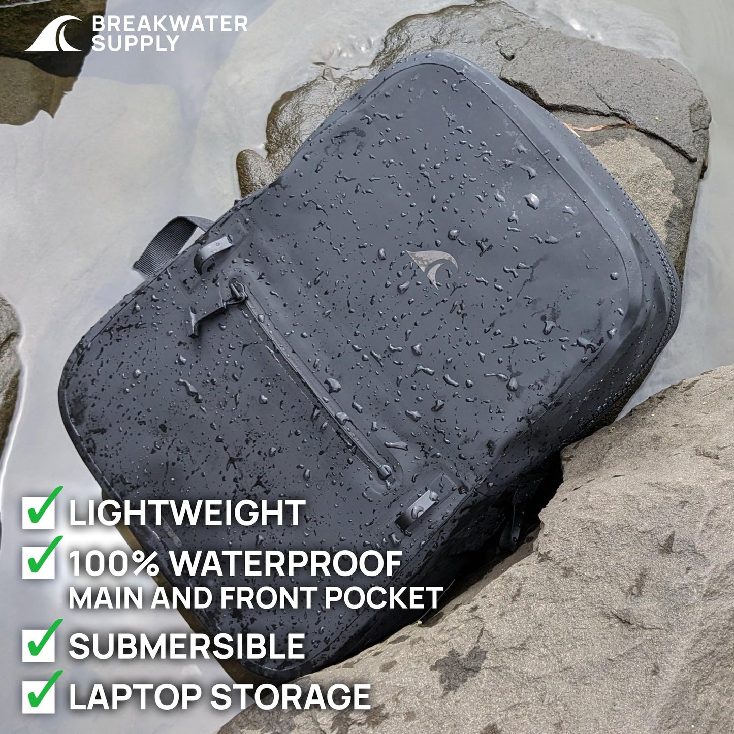 Breakwater Supply Waterproof Preparedness Pack, IP68 Submersible Airtight Backpack and Waterproof Marine First Aid Kit for Boating, Fishing, Kayaking (Fogland Lite 15L Stealth Black)