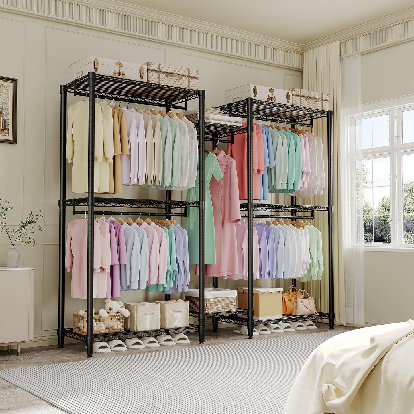ExploreHorizon Freestanding Adjustable Garment Rack – Heavy Duty 1874LBS Capacity, 5 Hanging Rods & 8 Wire Shelves, Portable Closet Organizer (76.5" H x 73.6" L x 17.4" W)