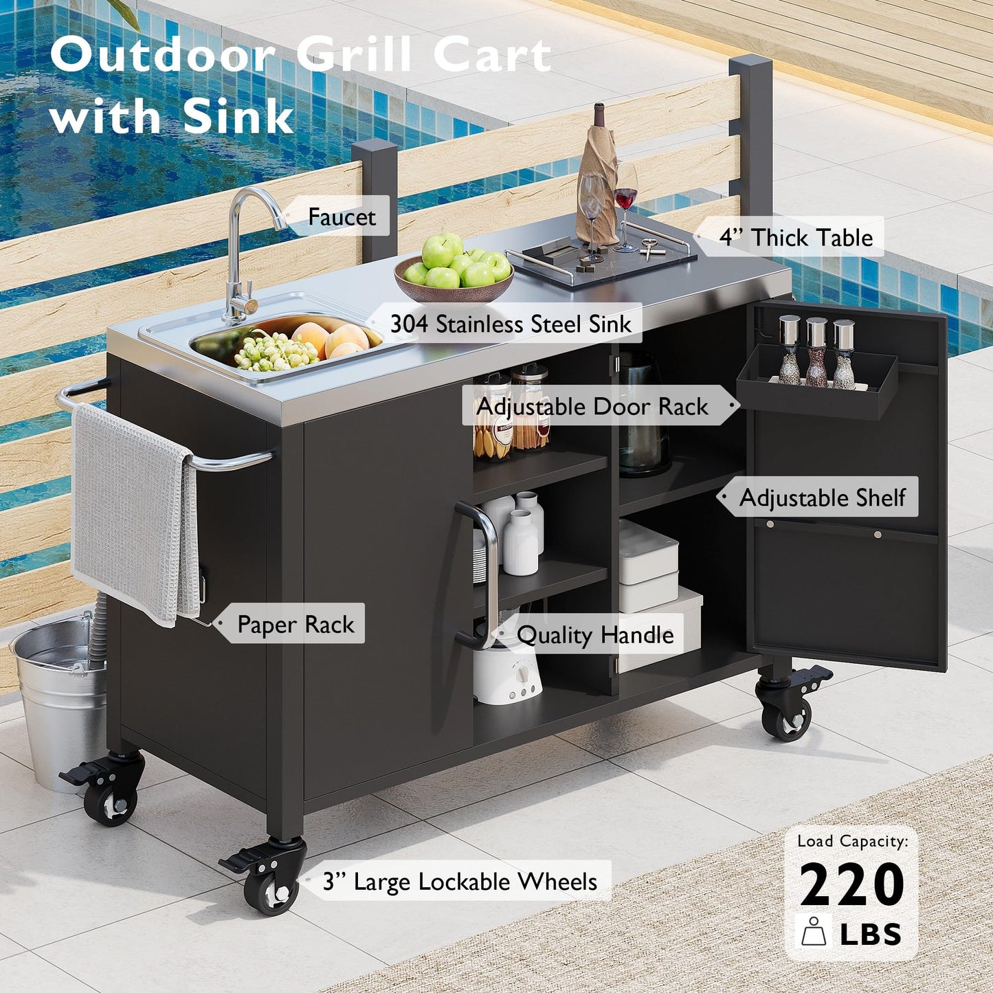 Merax 55.5" Outdoor Kitchen Island, Metal Grill Cart Table with 304 Stainless Steel Sink, Outdoor Bar Cart Sink Station with 4 Lockable Wheels for Pizza Prep & BBQ, Black