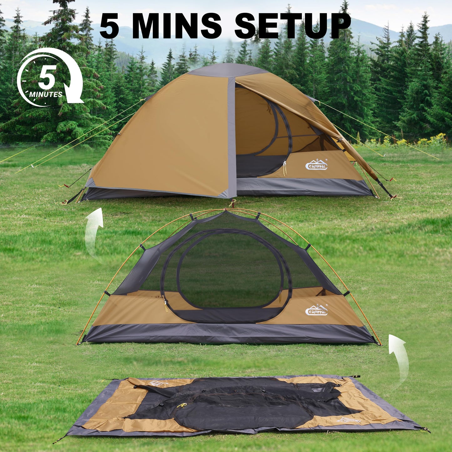 2 Person Backpacking Tent, Waterproof Windproof Two Person Tent, Lightweight Easy Setup 2 Man Tent for Camping, Hiking, Biking, Cycling, Motorbiking, Mountaineering - Khaki