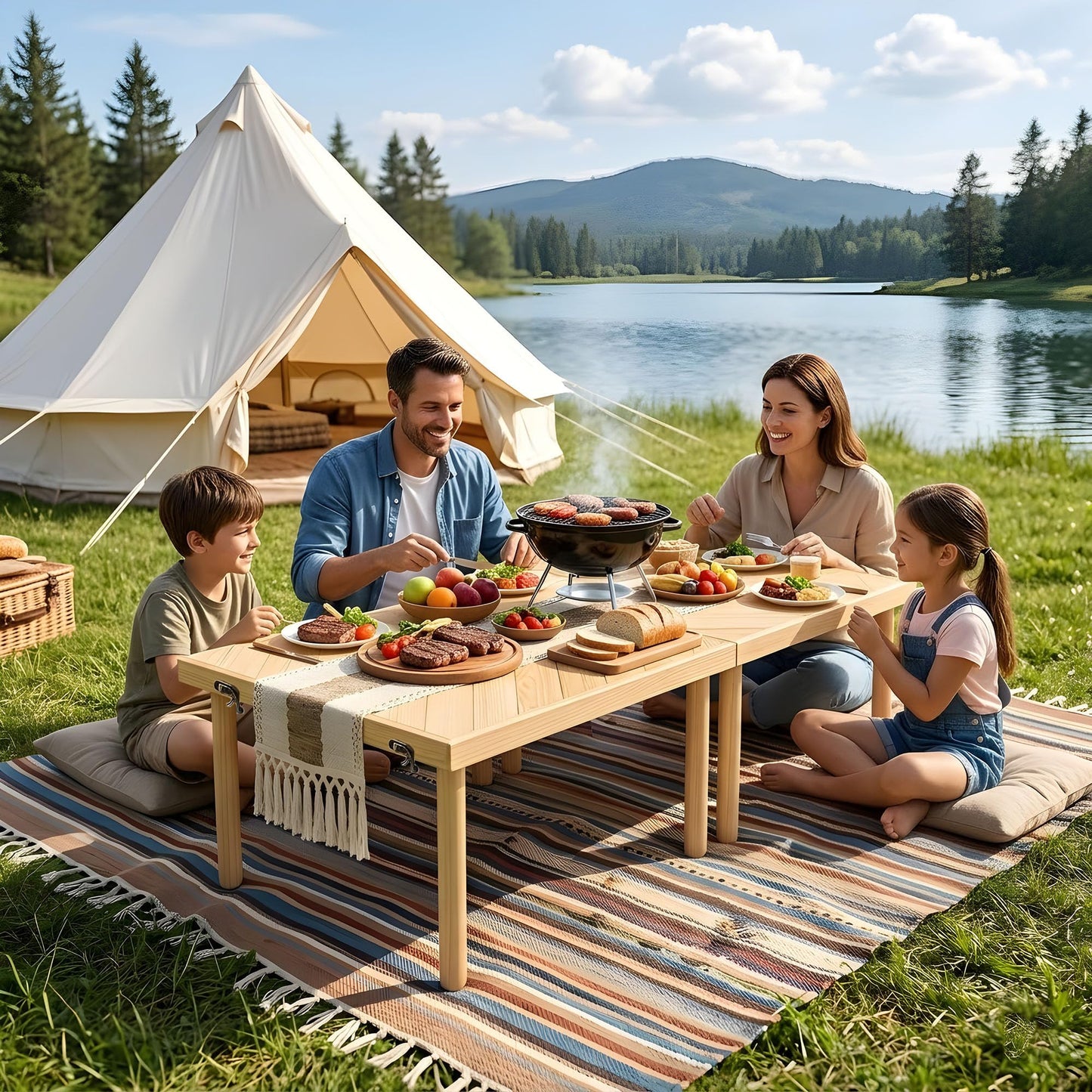 Tademis 60" x 30" Folding Picnic Table with Table Runner,Upgraded 8-Legs, Extra Stable Boho Low Wood Table, Portable Large Picnic Table for Floor Seating, Adjustable Height for Beach, Wedding, Party