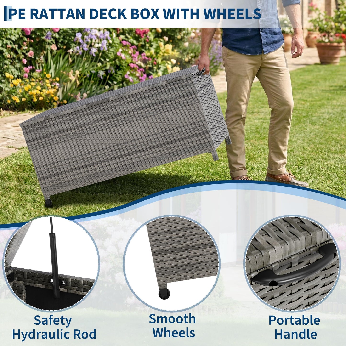 125 Gallon Outdoor Deck Box with Wheels, Waterproof PE Wicker Rattan & Aluminum Frame Storage Bin for Patio Cushions, Garden Tools, Pool Toys, Lockable Patio Furniture(Gray)