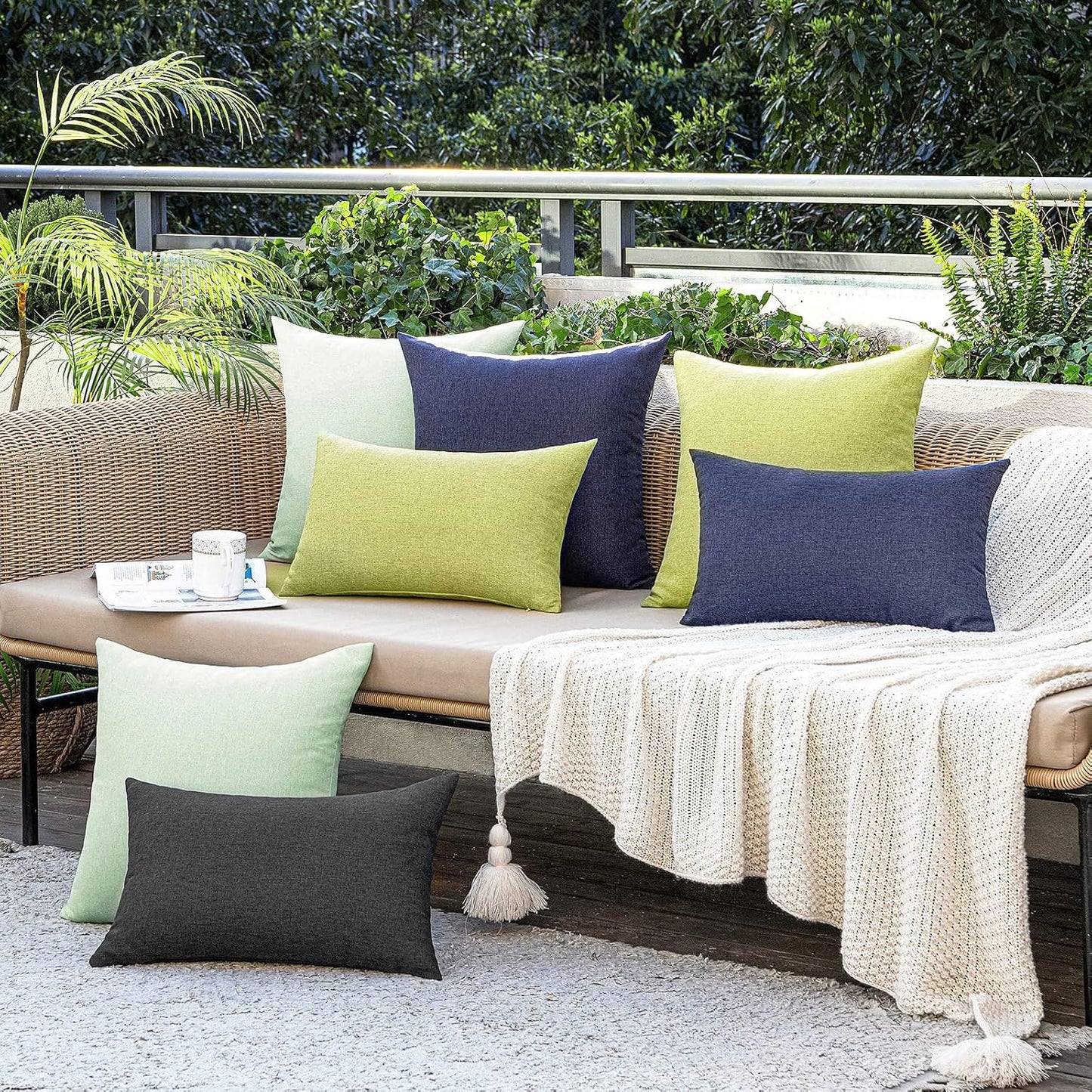 MIULEE Waterproof Outdoor Throw Pillow Covers - Pack of 2 Faux Linen Cushion Cases | 20x12 Inch Moss Green