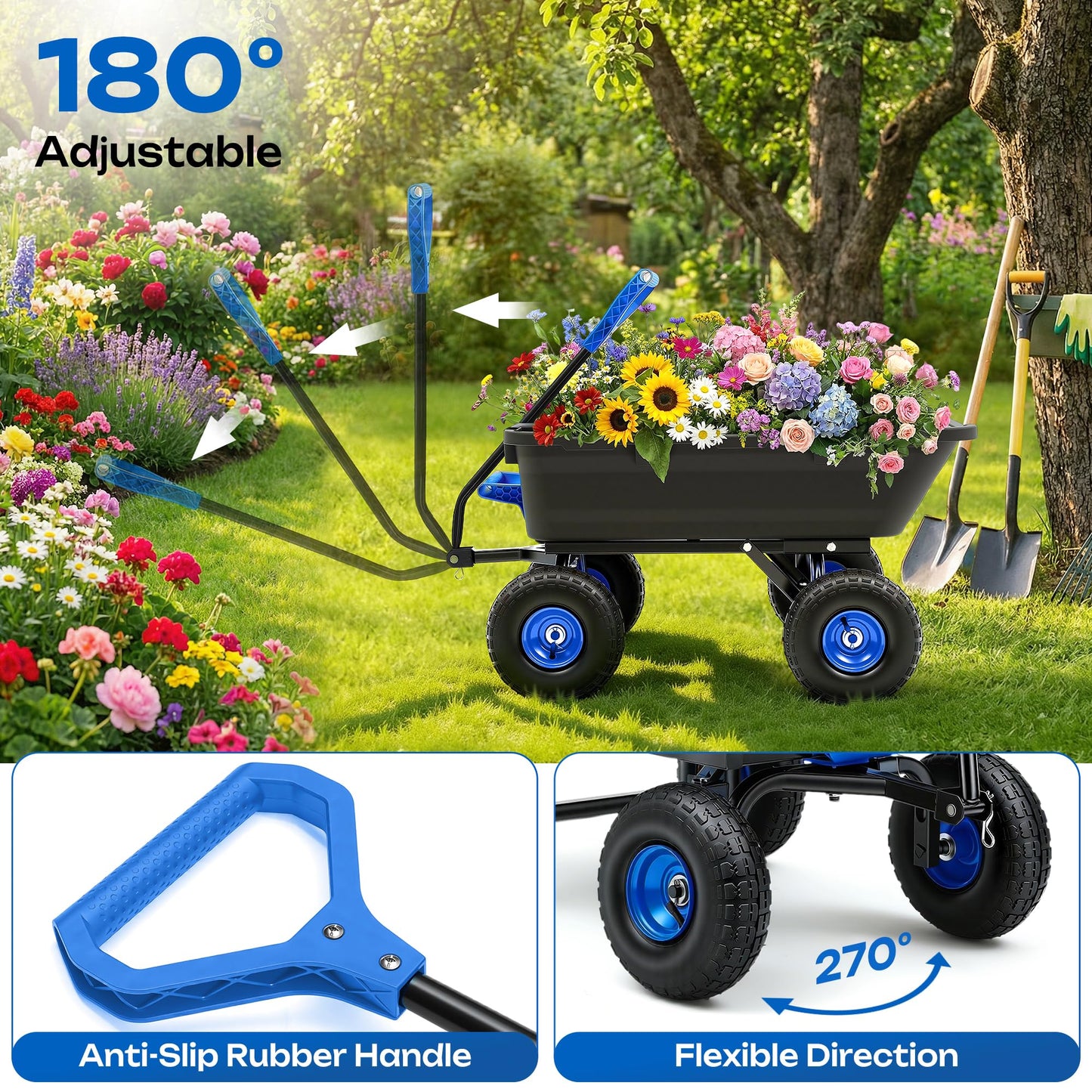 Ultym Garden Dump Cart 900Lbs, 2026 Upgraded Heavy Duty Wheelbarrow Dump Wagon with 10" Non-Slip Pneumatic Tires & Quick-Release Dumping, 4-Wheel Steel Frame Utility Carts for Yard,Farm and Garden