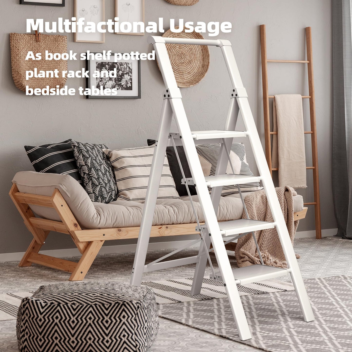HillhutApex 4 Step Foldable Aluminum Step Ladder with Handgrip, Anti-Slip Pedal, 330 lbs Capacity, Lightweight & Portable for Home, Kitchen, Office, Garage (White)