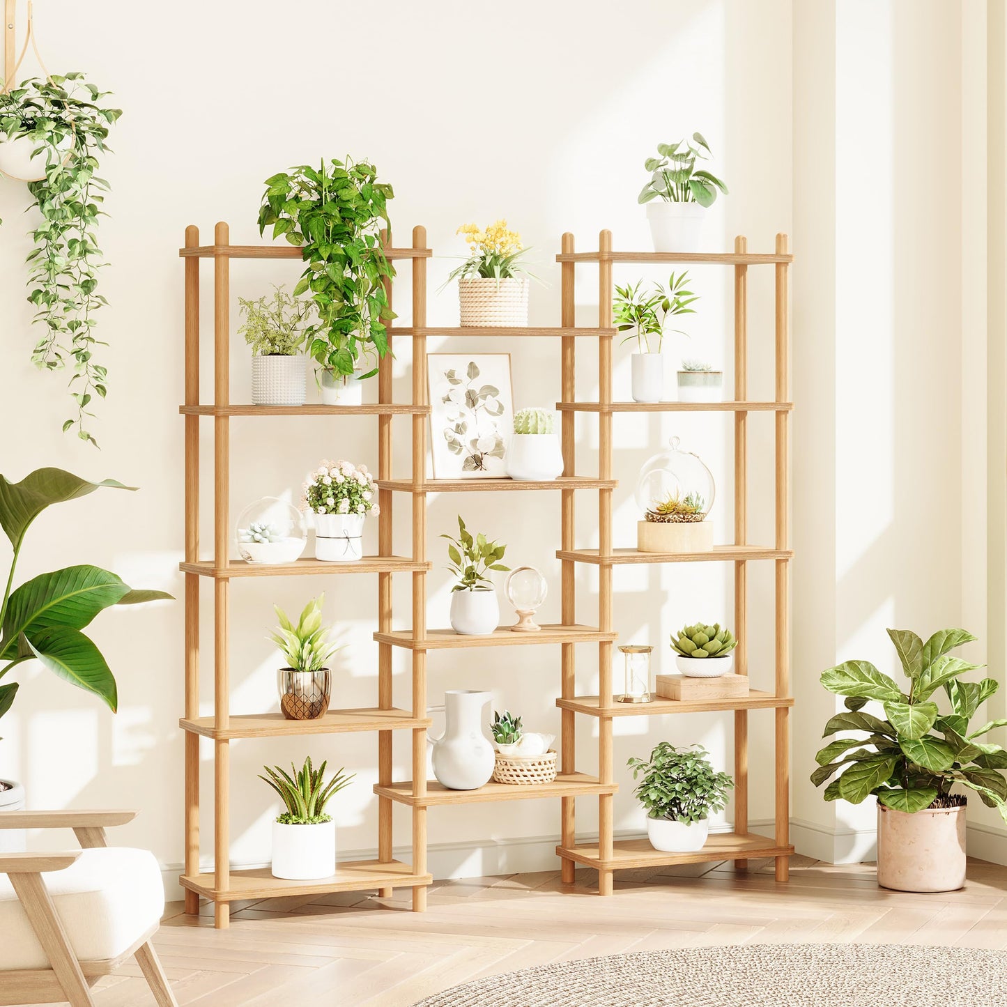 IOTXY Wooden Triple Wide Bookshelf - 5-Tier Large Shelf Bookcase with Solid Beech Frame, Tall Freestanding Open Etagere Display Rack for Home Office, Oak