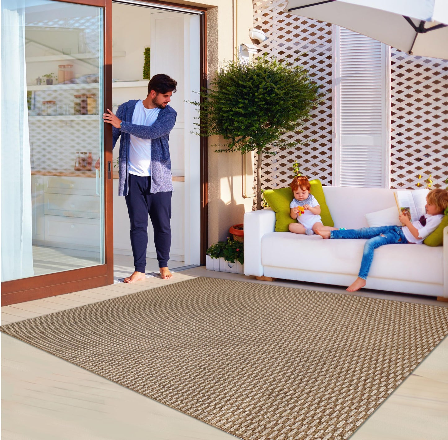 Gertmenian Indoor Outdoor Premium Flatweave Area Accent Rugs for Deck, Patio, Poolside & Mudroom | Washable, Stain & UV Stabilized Carpet | 9x9 Ft Square, Rivington, Chestnut, 91291