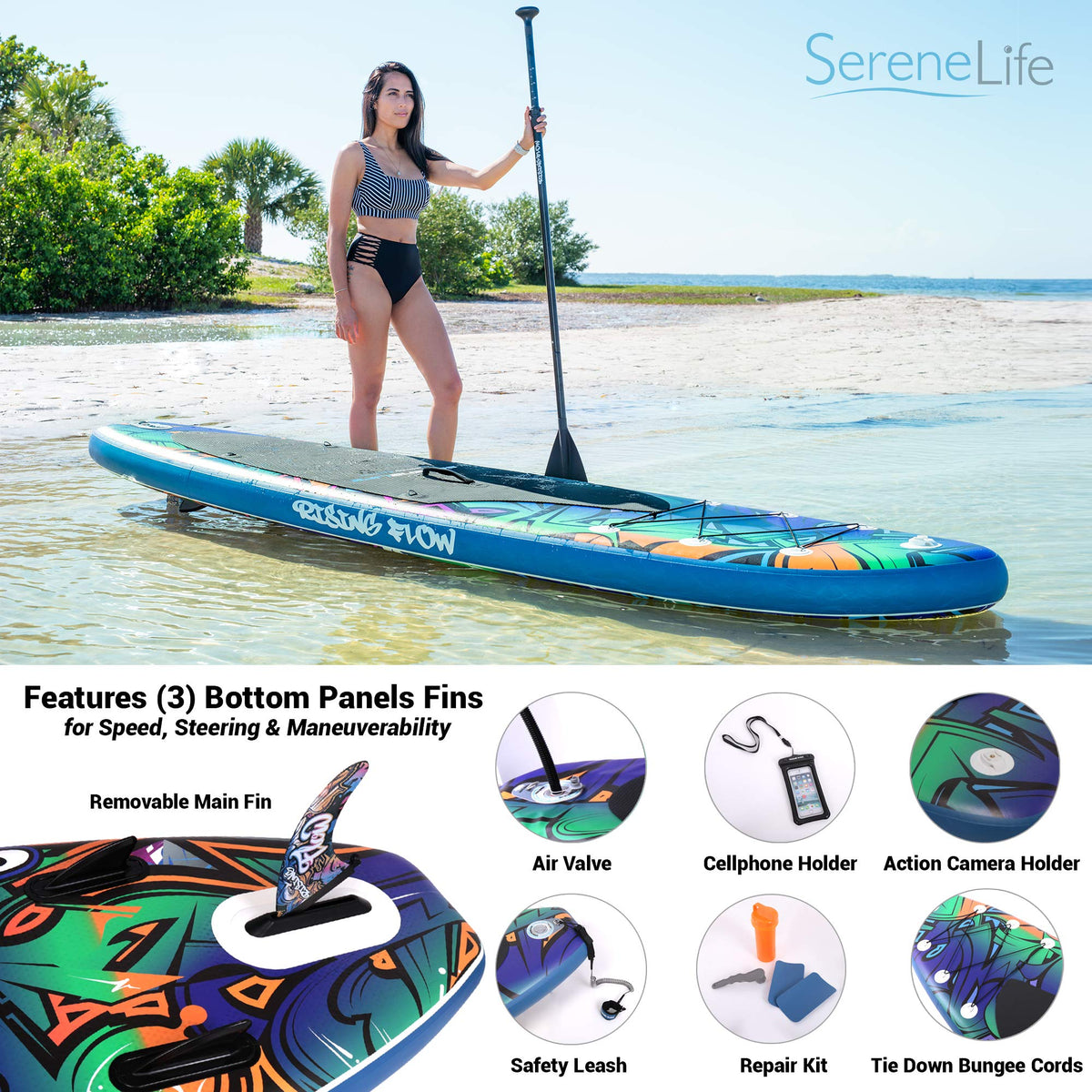 SereneLife Inflatable Stand Up Paddle Board - Wide Stable Design, Non-Slip Deck for Adults & Youth with Premium Paddle Board Accessories: Carry Bag, Dual Action Pump, Paddle, Ankle Leash - 10'6"