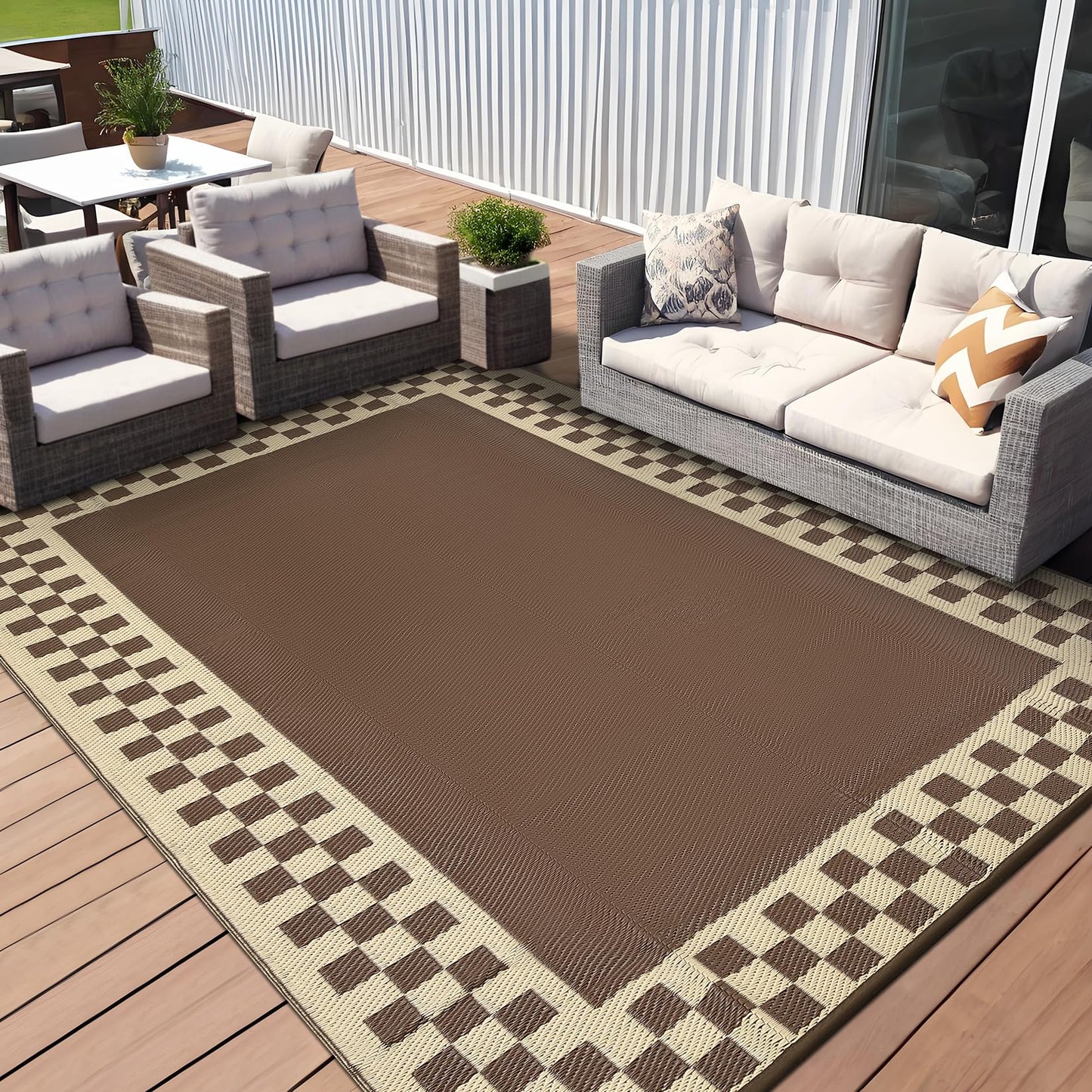 GAOMON Patio Modern Checkered Outdoor Rug 10x14 Waterproof Large Reversible Camping Mat Foldable Lightweight Plastic Straw Outdoor Rug for Deck, Picnic, Porch, Camper, Balcony, Beach, Rv, Brown