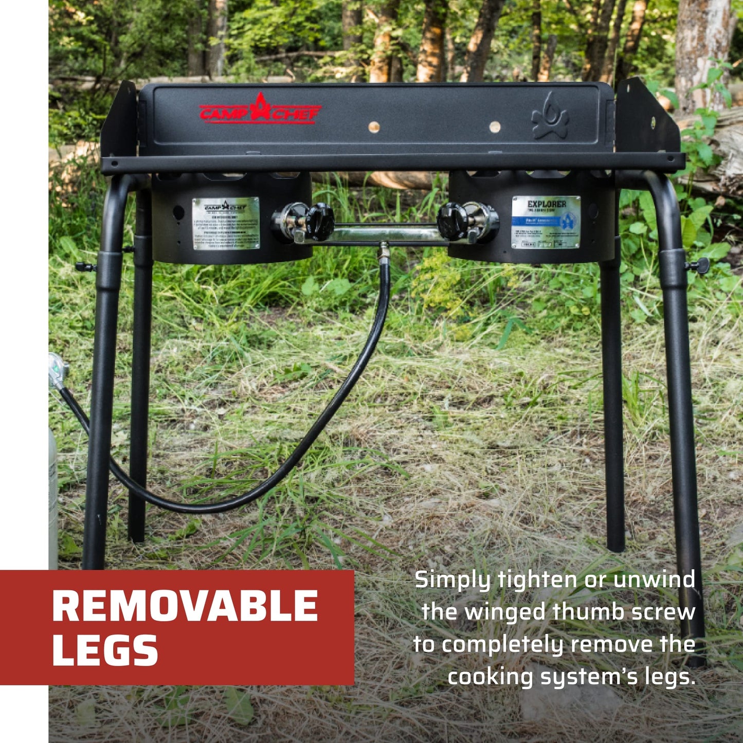 Camp Chef Explorer, Two Burner Stove, Two 30,000 BTU's cast-aluminum burners, Cooking Dimensions: 14 in. x 32 in, Black