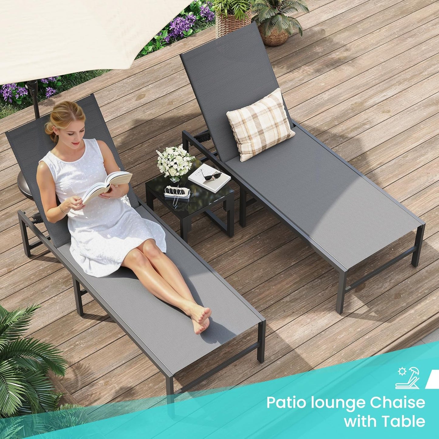 Amopatio 3-Piece Patio Lounge Chair Set - Adjustable Outdoor Chaise with Side Table | Weather-Resistant Gray, 400 LBS Capacity