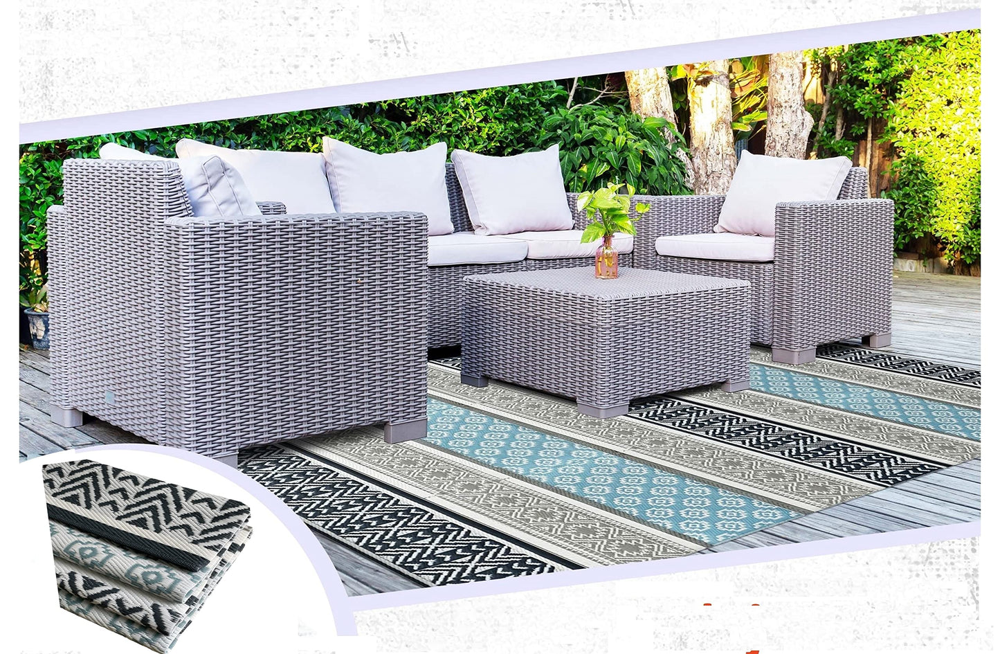 BalajeesUSA Outdoor Rug - 9x18 Grey, Teal, Reversible Recycled Plastic Straw Outdoor Patio Rugs Clearance Waterproof Large RV Camper Mats 7087