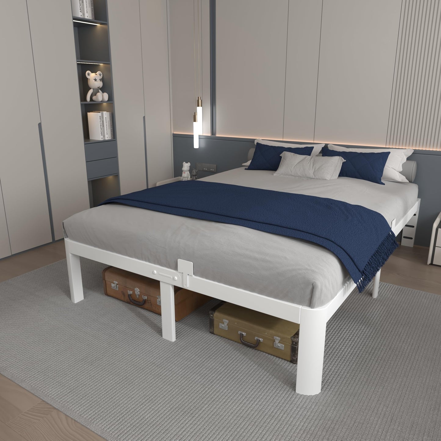 KOSOSO 12 Inch White Full Size Bed Frame with Baffles, Metal Full Bed Frame No Box Spring Need, Heavy Duty Steel Platform Support, Reserved Holes, Round Corner Legs, Storage Space, Noiseless