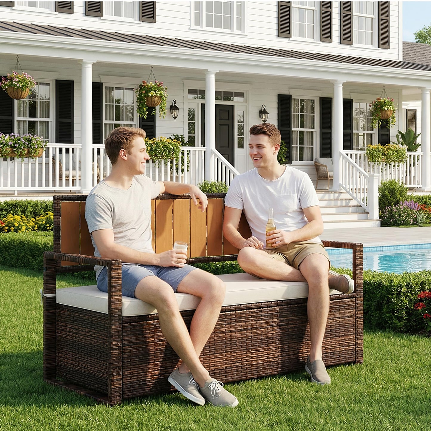 Outdoor Storage Bench with Cushion, 2-Seater PE Rattan Storage Box with Backrest & Armrests, 75 Gallon, 400 lbs Capacity Weatherproof Patio Bench for Garden, Balcony, Porch, Pool, Yard,Dark Brown