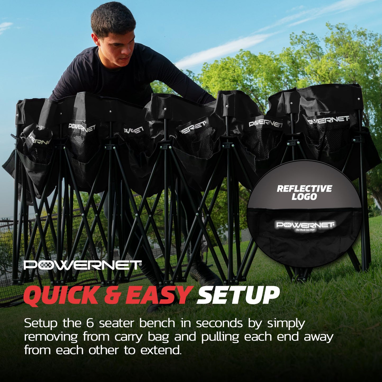 PowerNet 6 Seater Team Bench Folding Chair, Portable Chair for Soccer Basketball Football Teams, Foldable Bench with Backpack Style Carry Bag (Black)