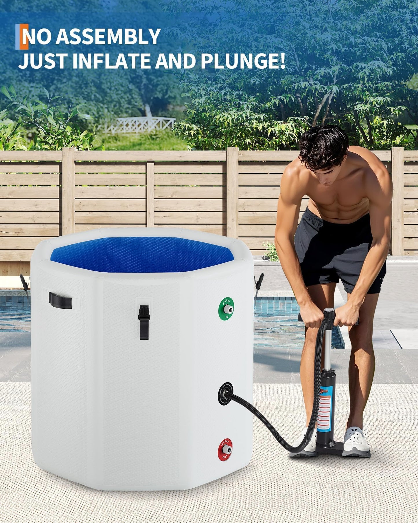 GarveeTech Ice Bath Tub for Athletes, Compatible with Water Chillers, 186Gallon Inflatable Cold Plunge Tub with Insulated Lid, Portable Cold Water Therapy Ice Pod for Recovery (White-Blue, 186Gallon)