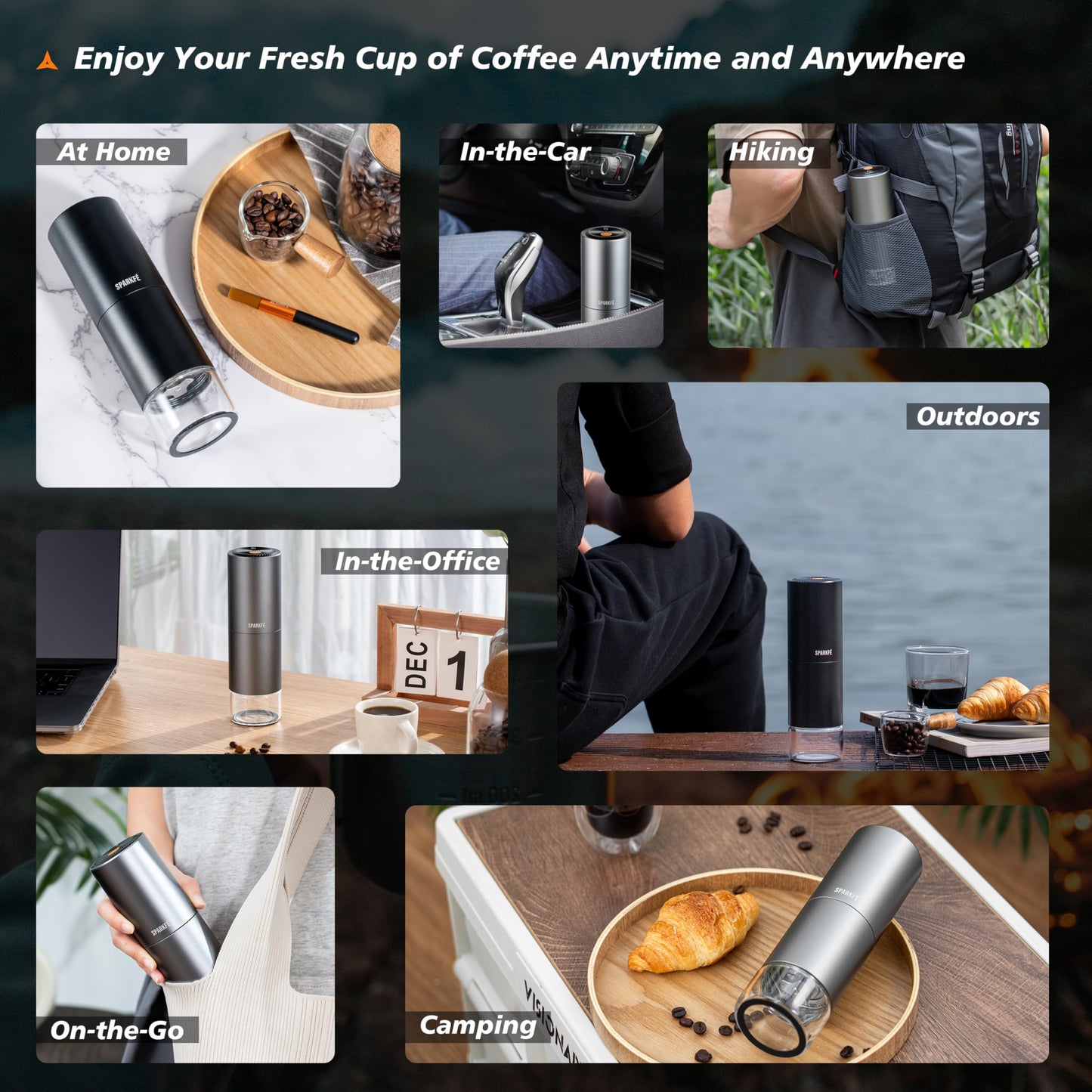 SPARKFE Portable Electric Coffee Grinder, Rechargeable Wireless Handheld Grinder with Stainless Steel Conical Burr, Adjustable Grind Settings, for Espresso, Moka, Pour Over, French Press, Cold Brew