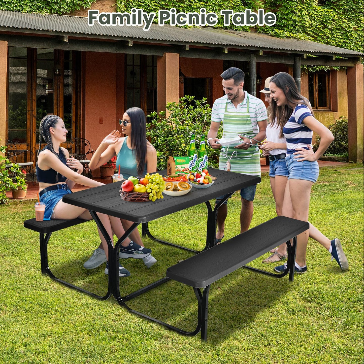 MEDIMALL Picnic Table, Portable Picnic Tables with Benches, Plastics Picnic Table Bench Set with Metal Frame & All Weather Tabletop, Large Camping Picnic Table for Outdoors, Backyard, Garden (Black)