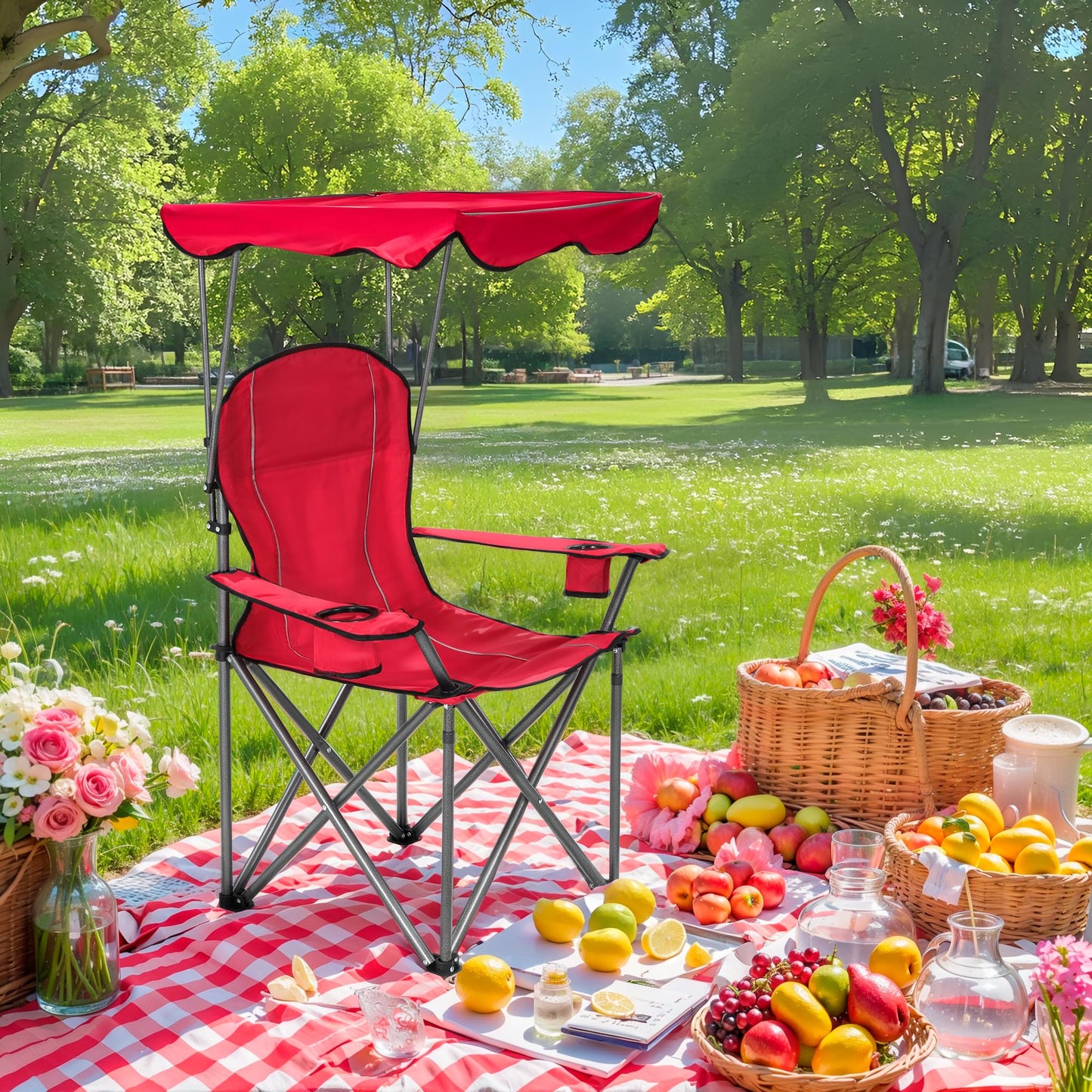 ALPHA CAMP Heavy Duty Canopy Camping Chair, 350 lbs Capacity Oversized Folding Chair with Adjustable Sunshade, Portable Sunshade Chair with Cup Holder for Beach, Fishing, Outdoor,2PC,Red