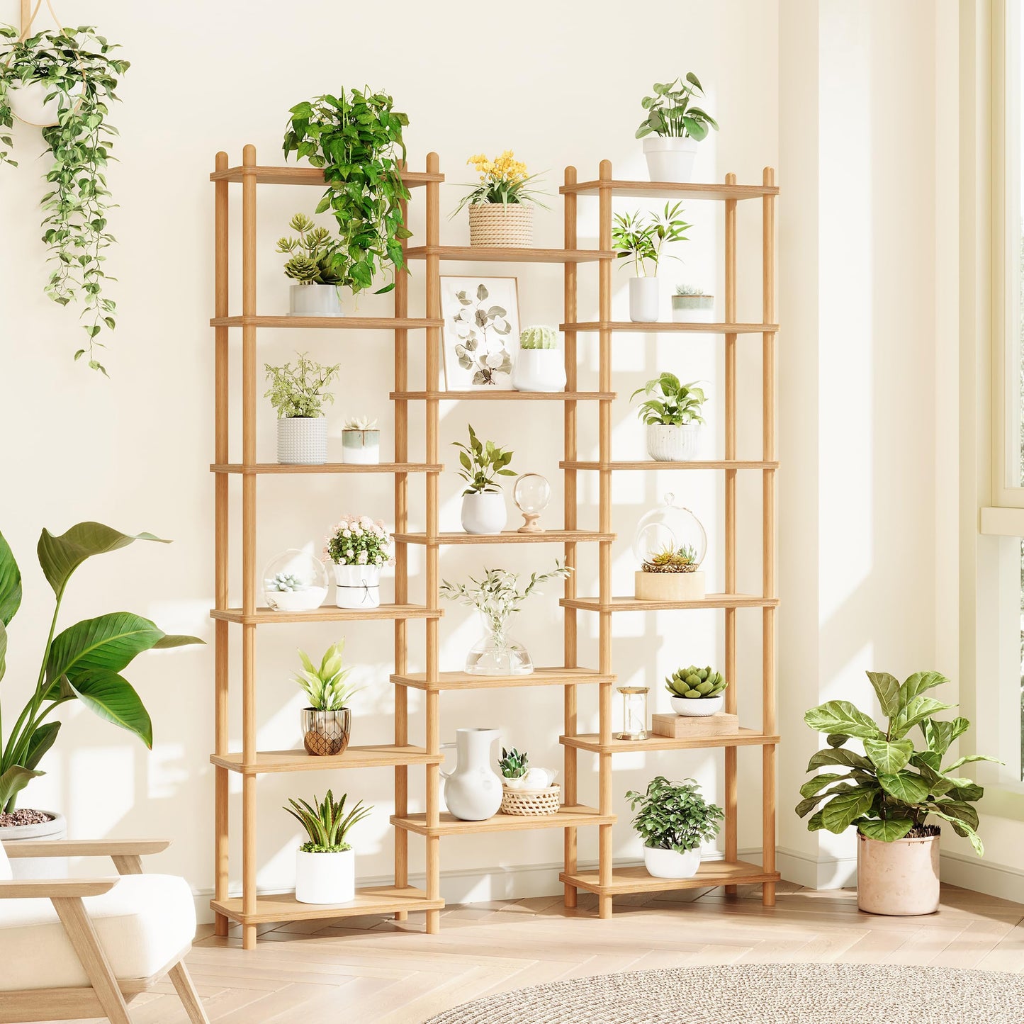 IOTXY Wooden Triple Wide Bookshelf - 6-Tier Large Shelf Bookcase with Solid Beech Frame, Tall Freestanding Open Etagere Display Rack for Home Office, Oak