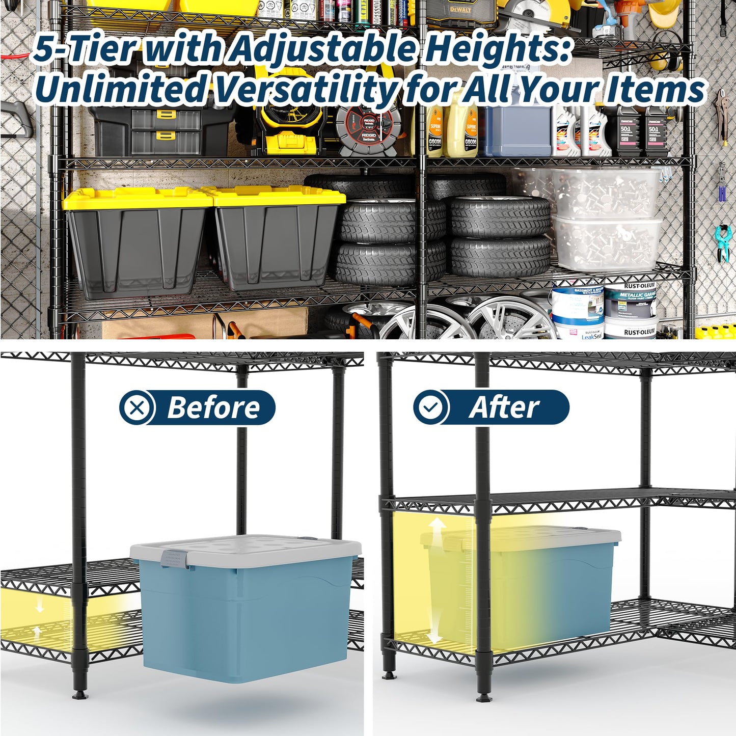 5 Tier Storage Shelving Unit Metal Shelves 70.8"W Wire Shelving, 70.5"H L-Shaped Pantry Shelves Kitchen Storage Shelves for Home Commercial Garage Heavy Duty, 70.8"H x 70.5"W x 15.8"D
