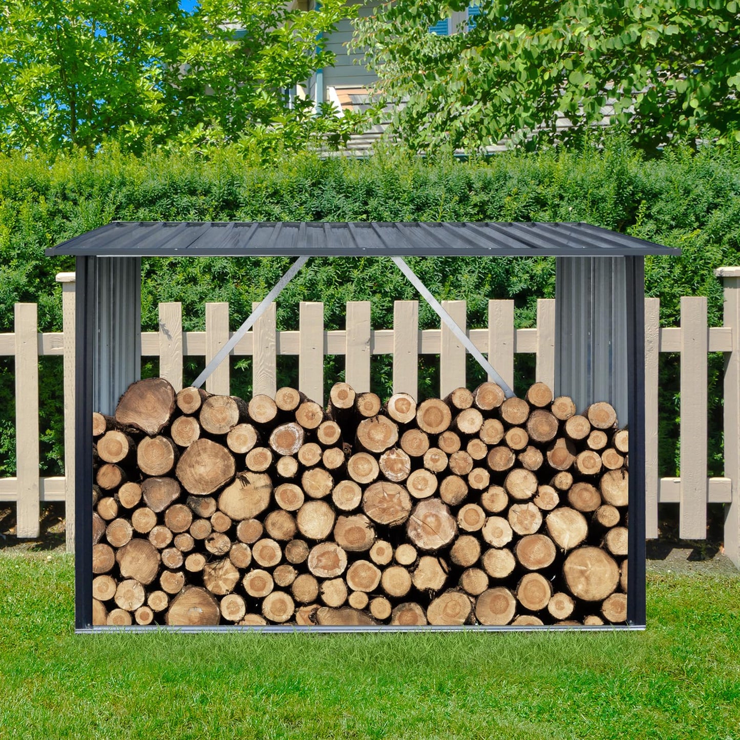 Ball & Cast 85.5" Outdoor Steel Firewood Rack Metal Storage Shed with Middle Stiffener and Reinforced Base,Multi-Functional Waterproof Cabinet W/Roof,for Equipment Machines,Black
