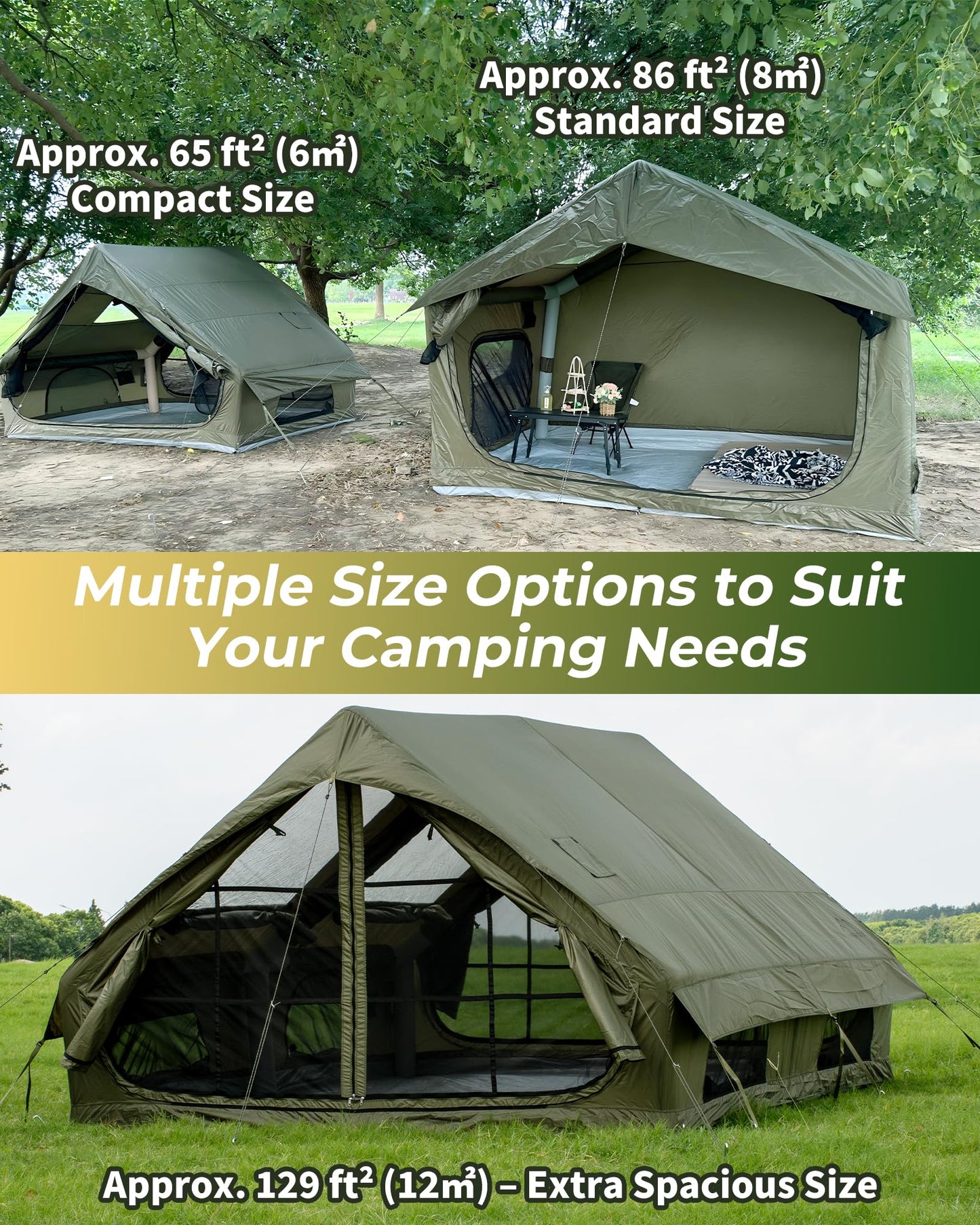 Inflatable Camping Tent for 3-4 Person, Oxford Fabric Blow Up Tent with Skylight, Easy 5-Minute Setup Air Tent, Waterproof Glamping Tent with Large Door & Windows for Family Camping, Festivals