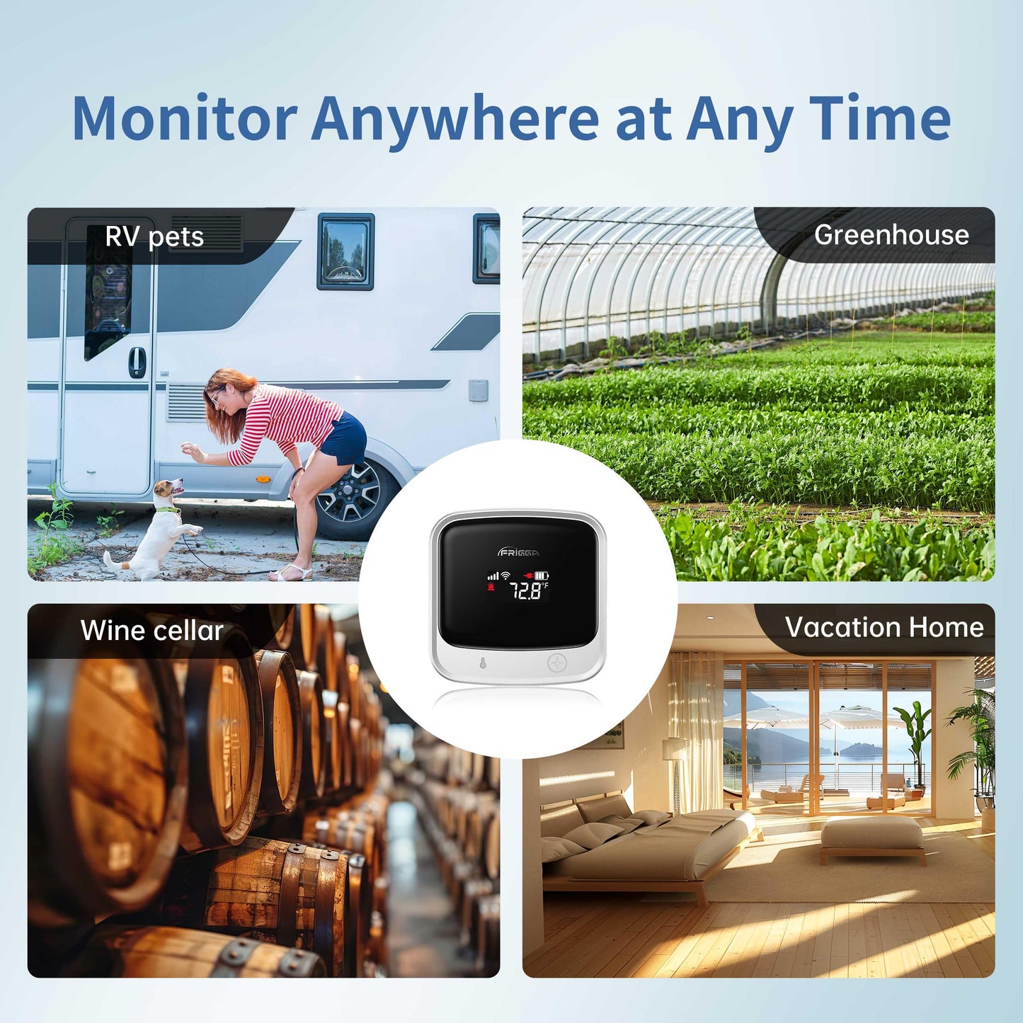Frigga 4G Cellular Temperature & Humidity Monitor, No WiFi Required (WiFi Optional), Remote Temperature Sensor with App, Email & On-Device Voice Alerts for RV, Pets, Vacation Home, S0