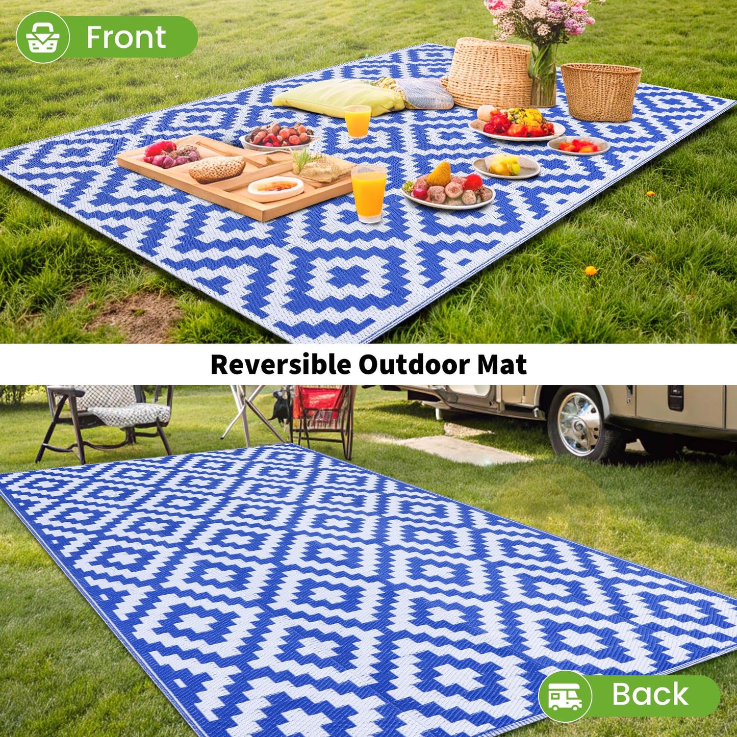 Smiry Waterproof Outdoor Rug 10X14 ft, Reversible Plastic Straw Patio Camping Rugs, Outdoor Indoor RV Mat Carpet for Patio, Outside Entry, Backyard, Deck, Bench, Picnic, Camper, White & Blue