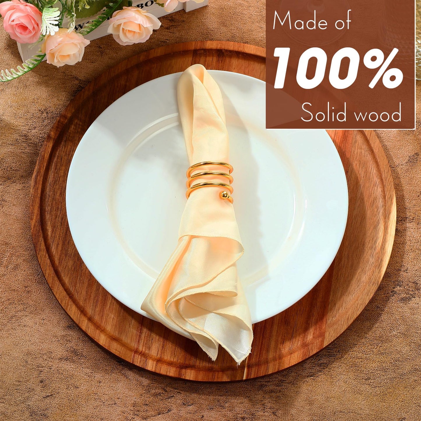 Rtteri 10 Pieces Acacia Round Wood Plates 14 x 0.6 Inch Dinner Plates Wooden Charger Platter Bulk Easy Cleaning Lightweight Serving Tray for Dishes Snack Dessert