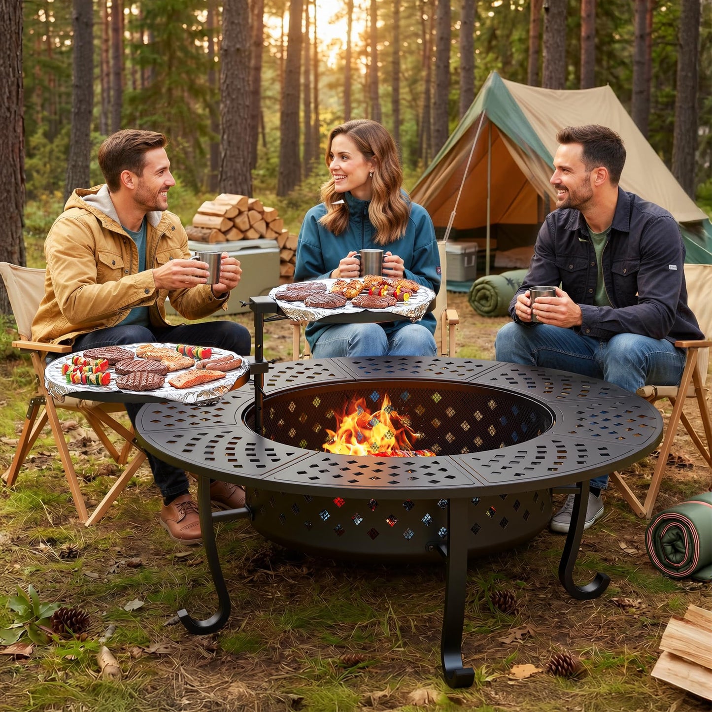 Outdoor Fire Pit, 48" Fire Pit for Outside Wood Burning with Adjustable 2 Grills, Firepit with Lid and Fire Poker, BBQ, Bonfire, Round Outdoor Fireplace 3 in 1 for Patio, Backyard, Garden, Camping